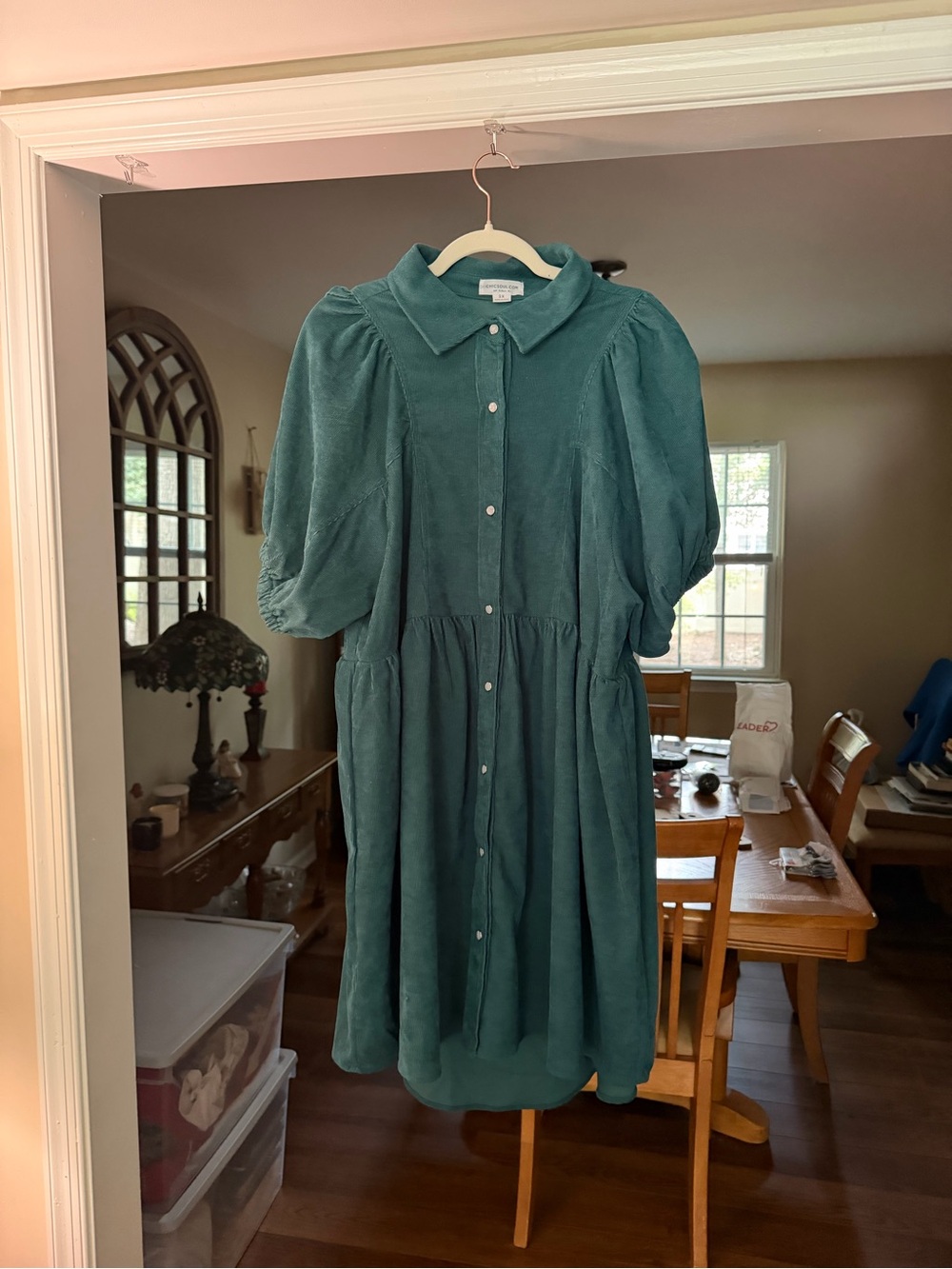 Chic Soul Teal Button-Front Puff-Sleeve Midi Dress